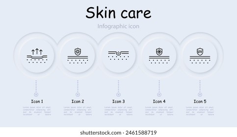 Icono de cuidado de la piel. Dermis, piel, piel flácida, cremas, aceites, belleza, cosméticos coreanos, protección epidérmica, tratamiento, FPS, sudor, hidratación, infografía, neomorfismo. Concepto de cuidado de la apariencia.