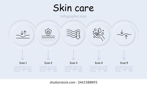 Skin care set icon. Dermis, skin, saggy skin, creams, oils, beauty, Korean cosmetics, epidermal protection, treatment, SPF, sweat, hydration, infographic, neomorphism. Appearance care concept.