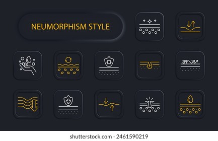 Icono de cuidado de la piel. Dermis, piel, piel flácida, cremas, aceites, belleza, cosméticos coreanos, protección epidérmica, tratamiento, FPS, sudor, neomorfismo, hidratación. Concepto de cuidado de la apariencia.