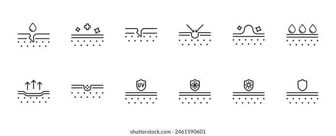 Icono de cuidado de la piel. Dermis, piel, piel flácida, cremas, aceites, belleza, cosméticos coreanos, protección epidérmica, tratamiento, FPS, sudor, hidratación. Concepto de cuidado de la apariencia.