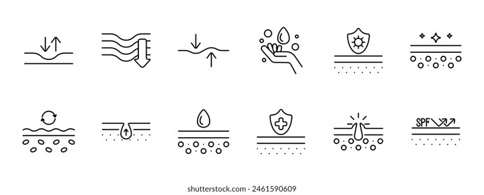 Skin care set icon. Dermis, skin, saggy skin, creams, oils, beauty, Korean cosmetics, epidermal protection, treatment, SPF, sweat, hydration. Appearance care concept.