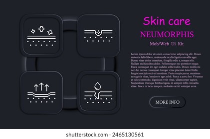 Skin care set icon. Dermis, skin, saggy skin, creams, oils, beauty, Korean cosmetics, epidermal protection, treatment, SPF, sweat, hydration, neomorphism. Appearance care concept.