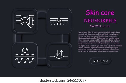 Skin care set icon. Dermis, skin, saggy skin, creams, oils, beauty, Korean cosmetics, epidermal protection, treatment, SPF, sweat, hydration, neomorphism. Appearance care concept.