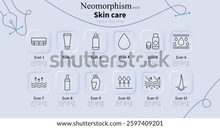 Skin care set icon. Eye patches, face cream, serum bottle, hydration drop, cosmetic bottle, moisture absorption, layers, lipstick, lotion, skin softener, facial hydration, hair follicle.