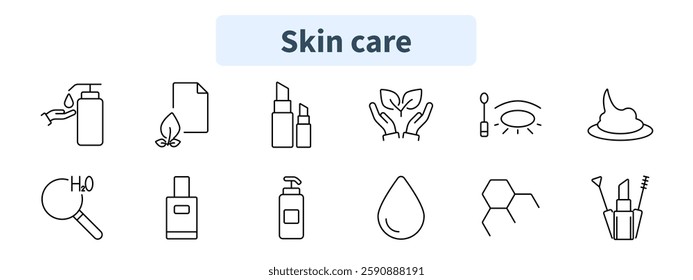 Skin care set icon. Hand lotion, eco skincare, lip balm, natural beauty, makeup tools, organic care, hydration, cosmetic chemistry, beauty products.