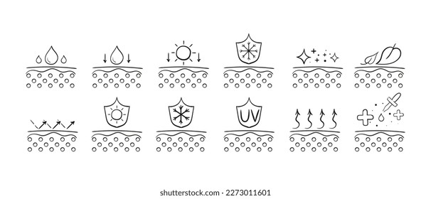 Icono de conjunto de cuidado de la piel. Hidratación, hidratación, SPF, protección de frío y UV, piel brillante, flechas, rayos, quemaduras solares, cosméticos naturales, elasticidad, tratamiento. Vector