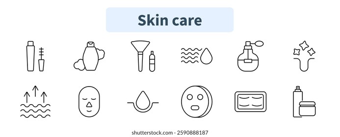 Skin care set icon. Lotion, mascara, skincare, makeup brush, hydration, perfume, facial treatment, skin glow, moisture, mask, cleansing, spray bottle.