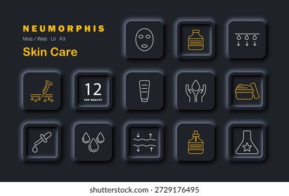 Symbol für Hautpflege. Neumorphe UI-Elemente, die Creme-Container, Gesichtsmaske, Feuchtigkeitstropfen, Hände, Tropfer, Texturen und Anwendungstools für die Hautpflege anzeigen