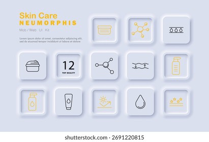 Icono de conjunto de cuidado de la piel. Los iconos delineados delgados muestran crema, gota, tubo, capa de hidratación, molécula, botella de aerosol, protección solar, brillo, líneas de elasticidad y gotero de pipeta.