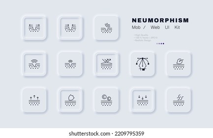 Icono de conjunto de cuidado de la piel. Apriete poros, limpieza ultrasónica, curación, curación, evaporación de agua, hoja, eco-friendly, protección, fotoenvejecimiento, sebo, acné. Concepto de industria de la belleza. Neomorfismo. Icono de línea del vector.