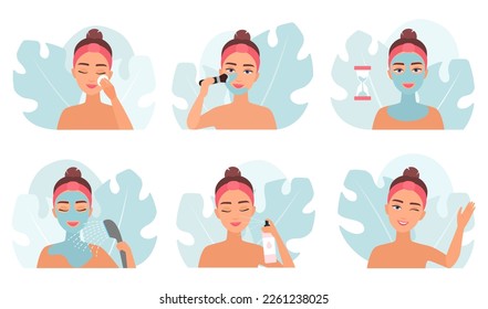 Ilustración vectorial del conjunto de cuidado de la piel. Las chicas de dibujos animados utilizan toallas de algodón para la limpieza, aplican mascarilla de arcilla cosmética con cepillo y lavan con agua, productos de belleza para el cuidado de la piel y tratamiento de spa para mujeres