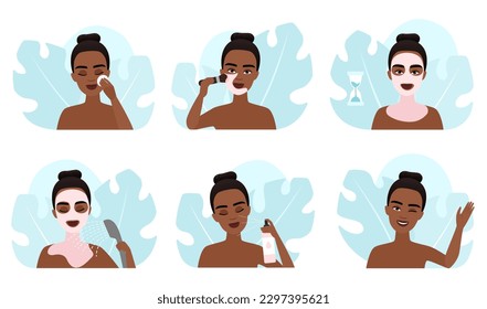 Skin care set vector illustration. Cartoon dark skin girl use cotton pads for cleaning, apply cosmetic clay mask with brush, wash with water, natural skincare beauty products spa treatment for woman