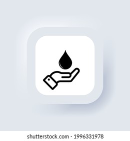 Skin care sign. Drop water in hand icon line. Moisturizing oil line icon. Disinfection protection measures icon. Stylized palm of a man, wash hands. Neumorphism. Vector illustration