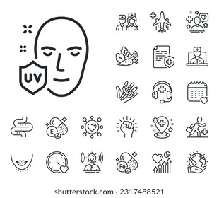 Skin care sign. Online doctor, patient and medicine outline icons. UV protection line icon. Healthy face symbol. UV protection line sign. Veins, nerves and cosmetic procedure icon. Intestine. Vector