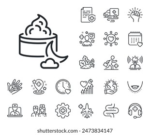 Skin care sign. Online doctor, patient and medicine outline icons. Night face cream line icon. Cosmetic lotion symbol. Night cream line sign. Veins, nerves and cosmetic procedure icon. Vector