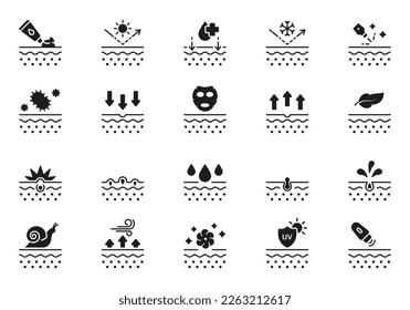 Skin Care Silhouette Icon Set. Skincare Cosmetic, Acne Medical Problem Glyph Pictogram. Dermatology and Cosmetology Treatment Icon. Isolated Vector Illustration.