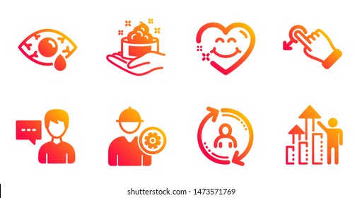 Skin care, Smile face and Ð¡onjunctivitis eye line icons set. Drag drop, User info and Person talk signs. Engineer, Employee results symbols. Hand cream, Love heart. People set. Vector