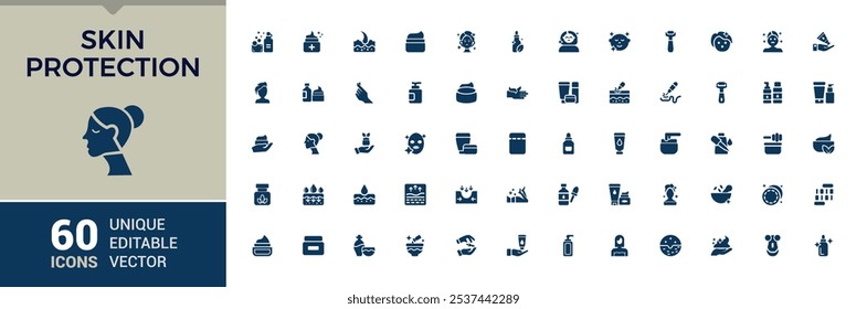 Ícones sólidos de Proteção da Pele definidos. Contém ícones como cor, protetor solar, poro, absorção, protetor solar, dermatologia, gel, composto. Coleções de ícones preenchidas. Ícone de vetor editável e ilustração.