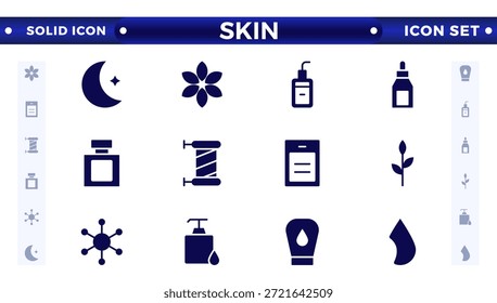 Ícones sólidos de cuidados com a pele definidos. Creme de umidade, ácido, soro antirrugas, ceramida, colágeno, composto de retinol, protetor solar ilustração vetorial. 
