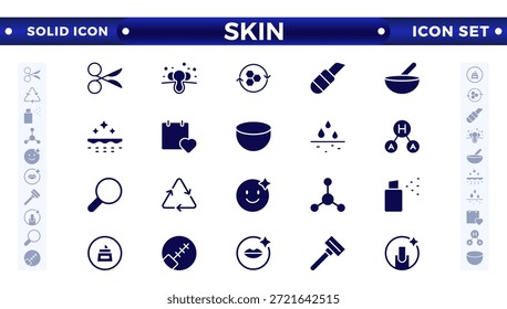 Ícones sólidos de cuidados com a pele definidos. Creme de umidade, ácido, soro antirrugas, ceramida, colágeno, composto de retinol, protetor solar ilustração vetorial. 
