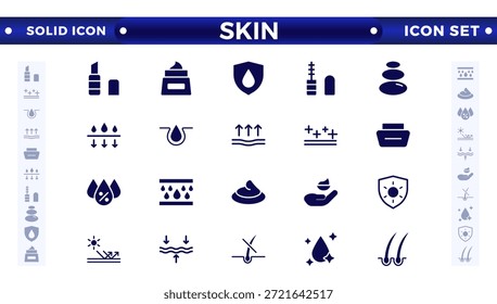 Conjunto de iconos sólidos para el cuidado de la piel. Crema hidratante, ácido, suero antiarrugas, ceramida, colágeno, compuesto de retinol, Ilustración vectorial de protector solar. 
