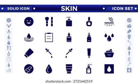 Ícones sólidos de cuidados com a pele definidos. Creme de umidade, ácido, soro antirrugas, ceramida, colágeno, composto de retinol, protetor solar ilustração vetorial. 
