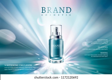 Skin care spray ads with blue container and dreamy glowing background in 3d illustration