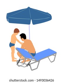 Skin care sun protection family. Son applying sunscreen on fathers shoulders and back vector illustration.  Body care. Leisure sea activity on sunny beach. Man on sunbed under parasol play with boy.