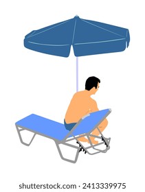 Skin care sun protection man under parasol sunbathing vector illustration isolated. Skincare, body care. Leisure sea activity on beach. Sunbed under umbrella. Boy enjoy after swimming in rest.