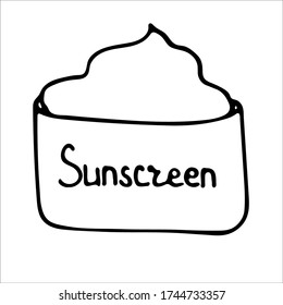 Skin care. Sun Protection on beach and seaside on summer. Sunscreen cream tube icon. Hand drawn illustration in Doodle style. Vector illustration