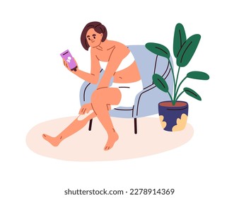 Cuidado de la piel con crema de protección solar. Mujer aplicando bloqueador solar, hidratante de cuerpo estival, bloqueo solar para protección UV, prevención solar. Ilustración vectorial gráfica plana aislada en fondo blanco