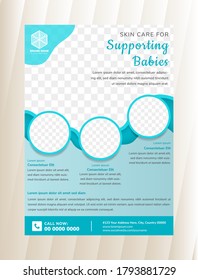 Skin Care For Supporting Babies Flyer Template Design Use Vertical Layout. Wavy Style Use Blue Color. Circle Space For Photo Collage. 