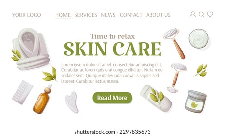 Hautpflegevorlage für die Website. Gua-Sha-Werkzeuge, Öl-Serum, Creme, gerolltes Handtuch, Bademantel. Zeit zum Entspannen. Gesundheit und Schönheit. Vektorgrafik. Für Banner, Poster, Werbung.
