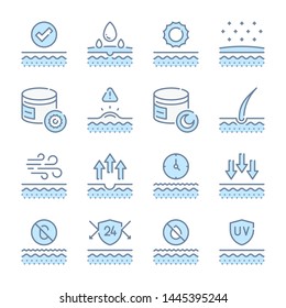 Skin care, Therapy and skin treatment related blue line colored icons.