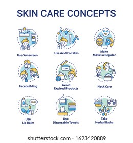 Skin care tips concept icons set. Face and body youthful preservation, skin defence, hygienic procedures idea thin line RGB color illustrations. Vector isolated outline drawings. Editable stroke