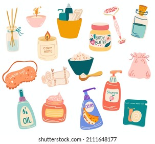 Skin care tools collection. Creams, shampoos, body oil, candles and fragrance. Treatments, skincare routine, moisturizer, sleeping mask, facial roller massager. Wellness and wellbeing concept. Vector