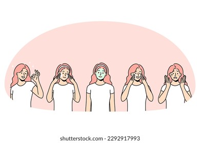 Skin care and treatment concept. Young smiling woman having skin acne problems applying mask and cream having healthy shiny skin vector illustration