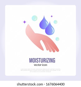 Skin care treatment, moisturizing. Two droplets fall on hand. Gradient icon. Cream, essential oil, collagen, hyaluronic serum. Vector illustration.