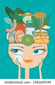 Skin care treatment with nature, crop, herb or products with natural ingredients such as aloe vera, turmeric, coconut oil, lime, bergamot, tamarind, tomato, yoghurt, fresh milk, cucumber, honey, egg.