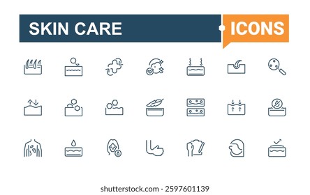 Skin Care vector icon set. Contains such icons as cream, care, facial, serum, woman, face, skin, collagen. Wrinkles And Skin icon set. Isolated icons. Minimalist editable vector stroke.