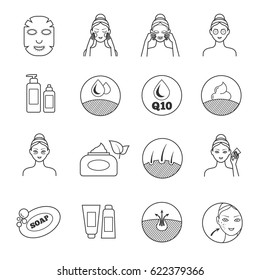 Skin care vector icons. Prevention of aging and eliminating of wrinkle pictograms