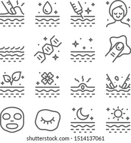 Skin Care Vector Line Icon Set. Contains such Icons as Moisturizing, Face Mask, Dermatology, Collagen, Skin Care and more. Expanded Stroke