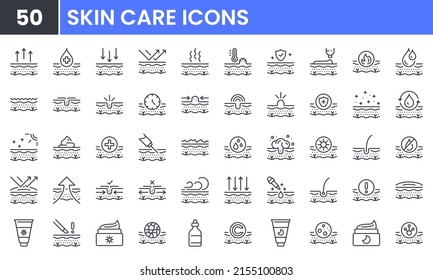Skin Care vector line icon set. Contains linear outline icons like Acne, Sunscreen, Cream, Healthy Skin, Collagen, Wrinkle, Moisturizing, Cosmetic, Dermatology, Serum. Editable use and stroke. - Shutterstock ID 2155100803