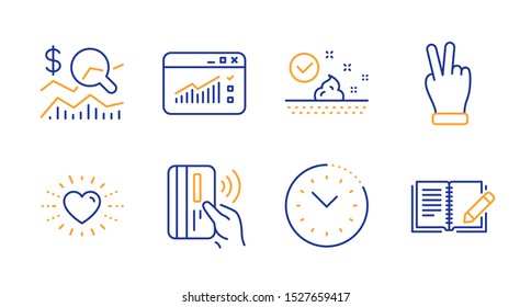 Skin care, Victory hand and Web traffic line icons set. Heart, Check investment and Contactless payment signs. Time management, Feedback symbols. Face cream, Gesture palm. Business set. Vector