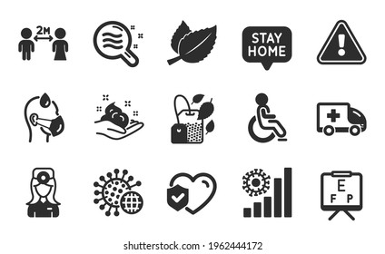 Skin Care, Vision Board And Mint Bag Icons Simple Set. Stay Home, Mint Leaves And Skin Condition Signs. Coronavirus Statistics, Social Distancing And Oculist Doctor Symbols. Flat Icons Set. Vector