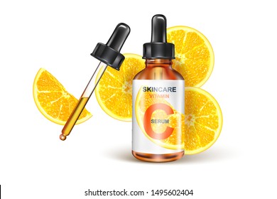 Skin Care Vitamin C Packaging With Lemon Slice Of Pieces Isolated On White Background. Season Sweet Of Tropical Fruits. Realistic Vector 3D Illustration.