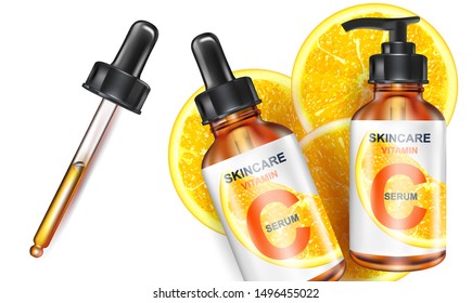 Skin care vitamin C packaging with lemon slice of pieces isolated on white background. Season sweet of tropical fruits. Realistic vector 3D illustration.