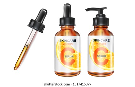 Skin care vitamin C packaging with mockup bottle isolated on white background. Realistic vector 3D illustration.