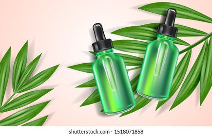 Skin care vitamin C packaging with bottle mockuo isolated on solid color background. Realistic vector 3D illustration.