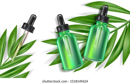 Skin care vitamin C packaging with bottle mockup isolated on solid color background. Realistic vector 3D illustration.